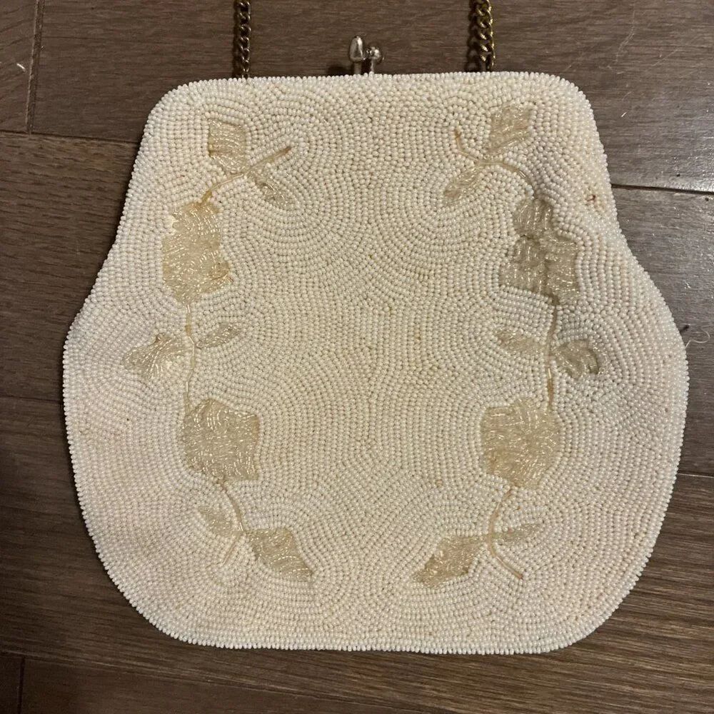 Vintage White Beige Floral Beaded Chain Crossbody Bag Purse